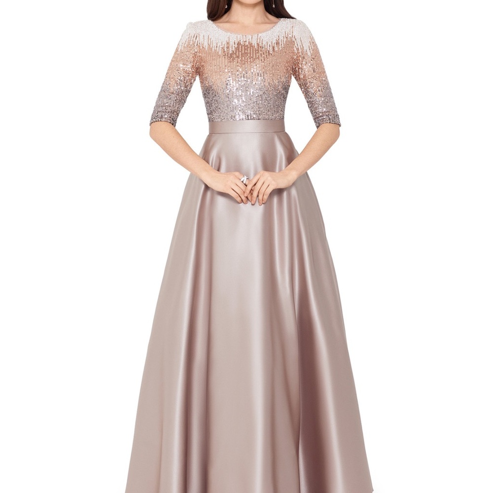 Betsy & Adam Gold Sequin Gown with 3/4 Cuffed Sleeves